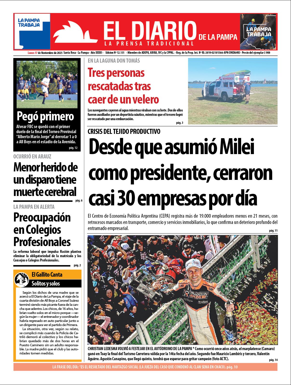 Tapa de El Diario en papel  lunes 17 de noviembre de 2025